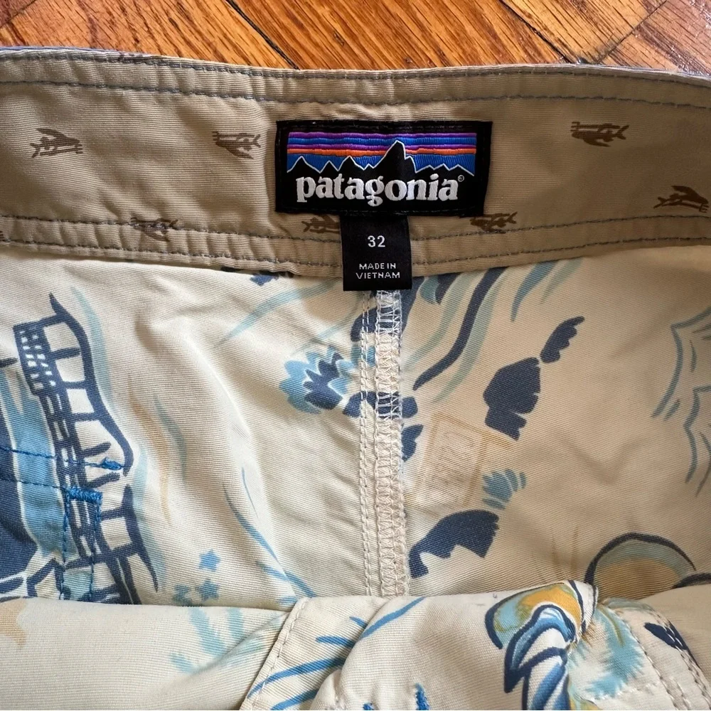 Patagonia Blue and Cream Printed Hybrid Shorts